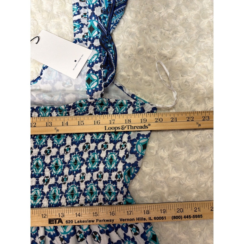 NWT Lucky Brand Womens Teal Blue Geometric Floral Tiered Maxi Dress  L - Picture 5 of 16
